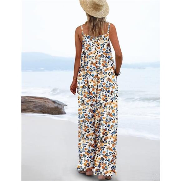 New Women's Boho Wide-Leg Floral Jumpsuit - Casual Summer Romper with Pockets‎ - Picture 3 of 6